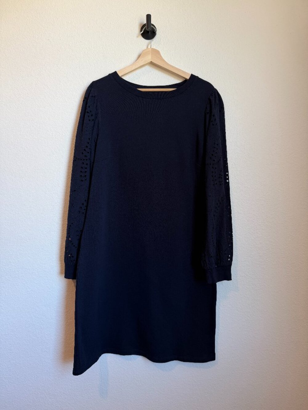 Talbots Black Cotton French Terry Dress Eyelet Sleeve Large L Knit Midi - Picture 2 of 7